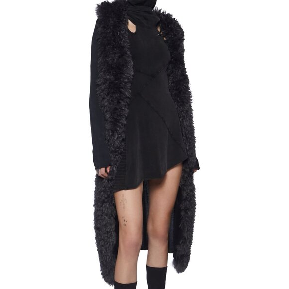 Dolls Kill Darker Wavs Large Midi Long Sleeve Knit Duster With Faux Fur Trim NWT - Picture 4 of 11
